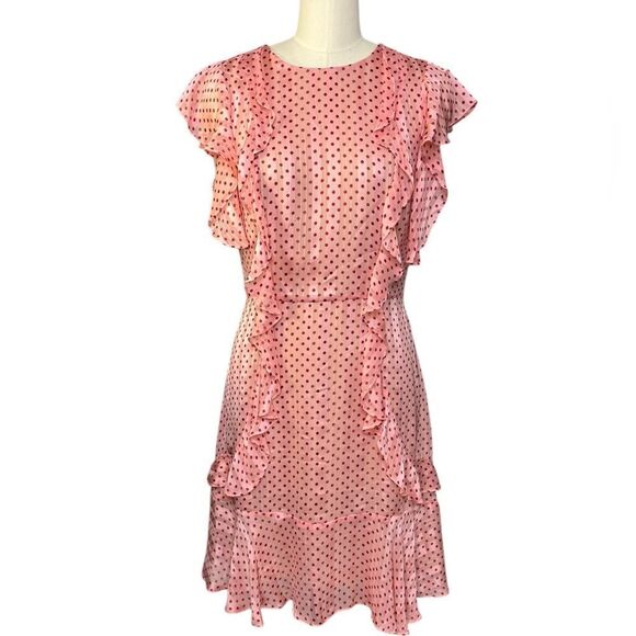 Monique Lhullier Pink Polka Dot Ruffle Mini Dress | Size 8 - Picture 4 of 13